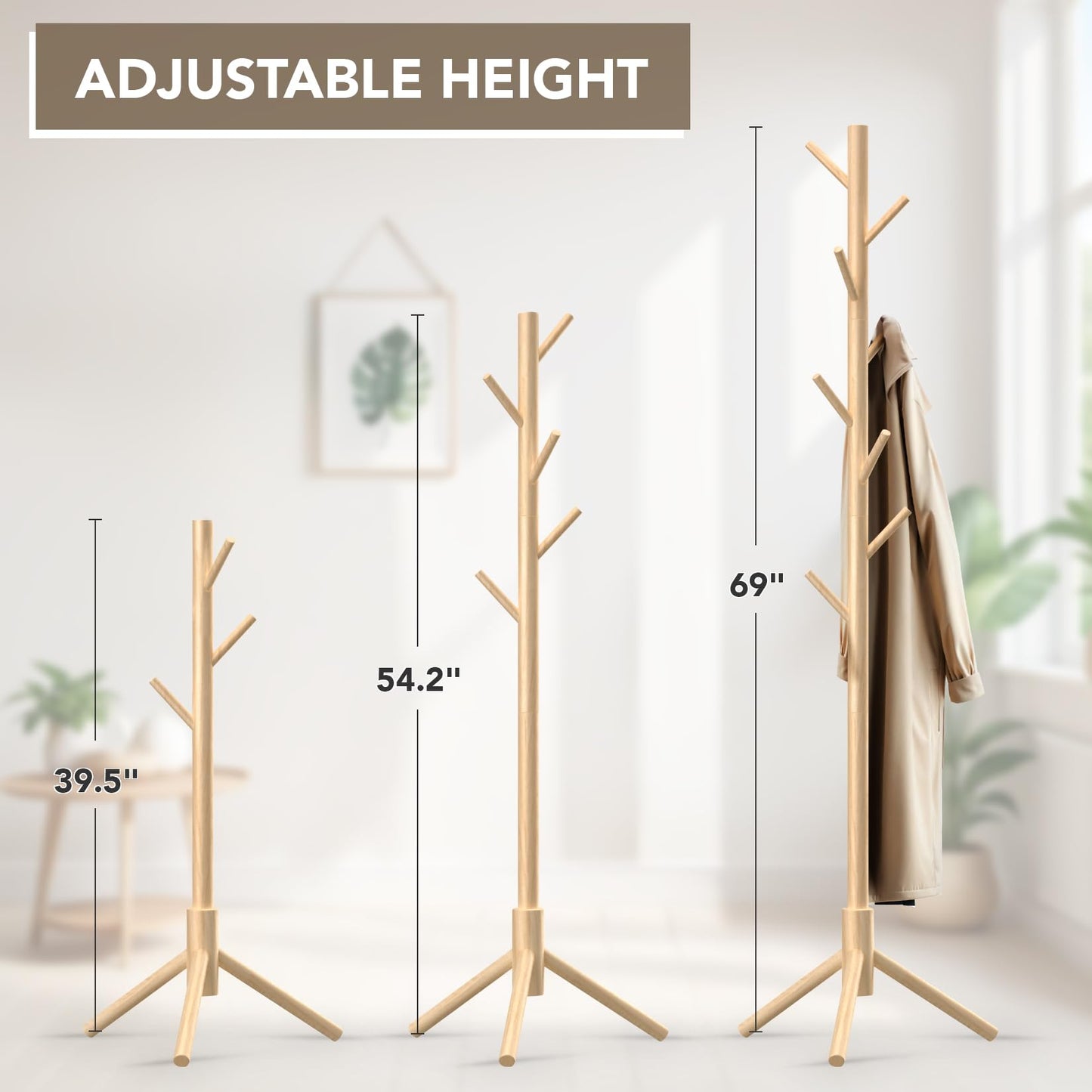 Hupmad Wooden Tree Coat Rack Stand,Sturdy Freestanding Coat Rack with 8 Hooks,3 Adjustable Height for Child Adult,Wood Coat Stand Tree Fits Entryway Bedroom Office for Bags,Hats