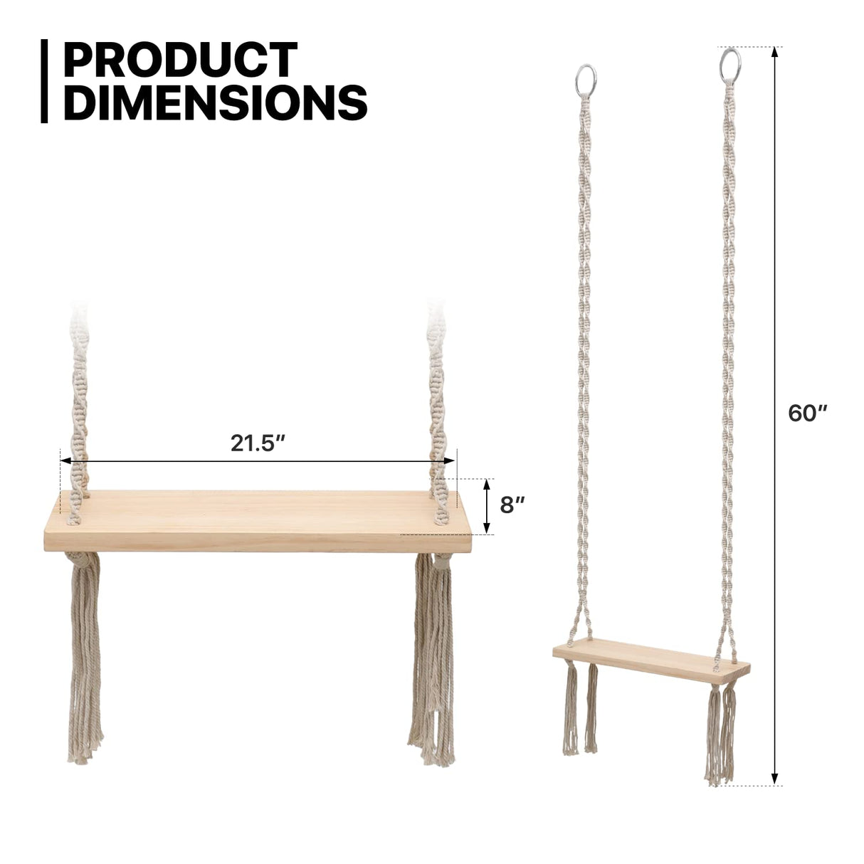 MoNiBloom Wooden Swing with Tassels, Outdoor Swing Seat for Adults with 350 lbs Capacity, Backyard Adjustable Rope Swing for Tree, Indoor/Outdoor Hanging Wood Swing Sets for Patio Garden Playground MoNiBloom