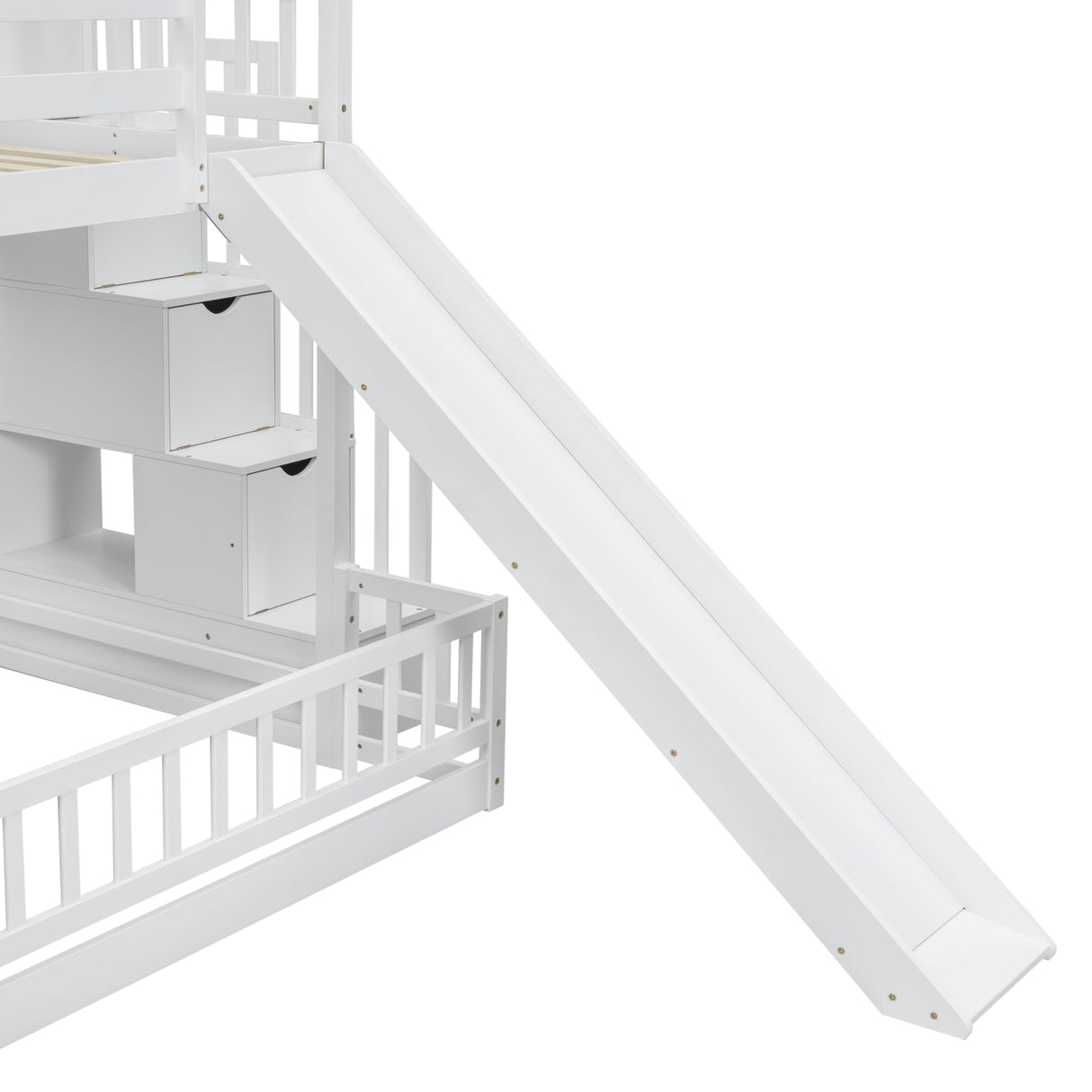 Twin Over Full Bunk Bed with Slide and Storage Staircase,Floor Bunk Beds,Kids Bunk Bed with Safety Guardrails,Low Bunk Bed for Girls Boys,White Bellemave