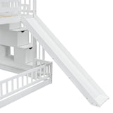 Twin Over Full Bunk Bed with Slide and Storage Staircase,Floor Bunk Beds,Kids Bunk Bed with Safety Guardrails,Low Bunk Bed for Girls Boys,White Bellemave