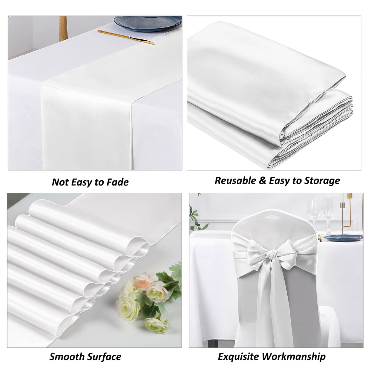 SiinvdaBZX 4 Pcs White Satin Table Runner 12 x 108 inches Long, Bright Smooth Satin Wedding Table Runner Decorations for Birthday Parties, Buffet, Banquets, Graduations, Engagements SiinvdaBZX