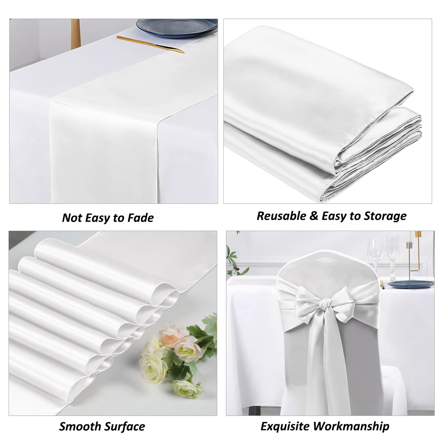 SiinvdaBZX 4 Pcs White Satin Table Runner 12 x 108 inches Long, Bright Smooth Satin Wedding Table Runner Decorations for Birthday Parties, Buffet, Banquets, Graduations, Engagements