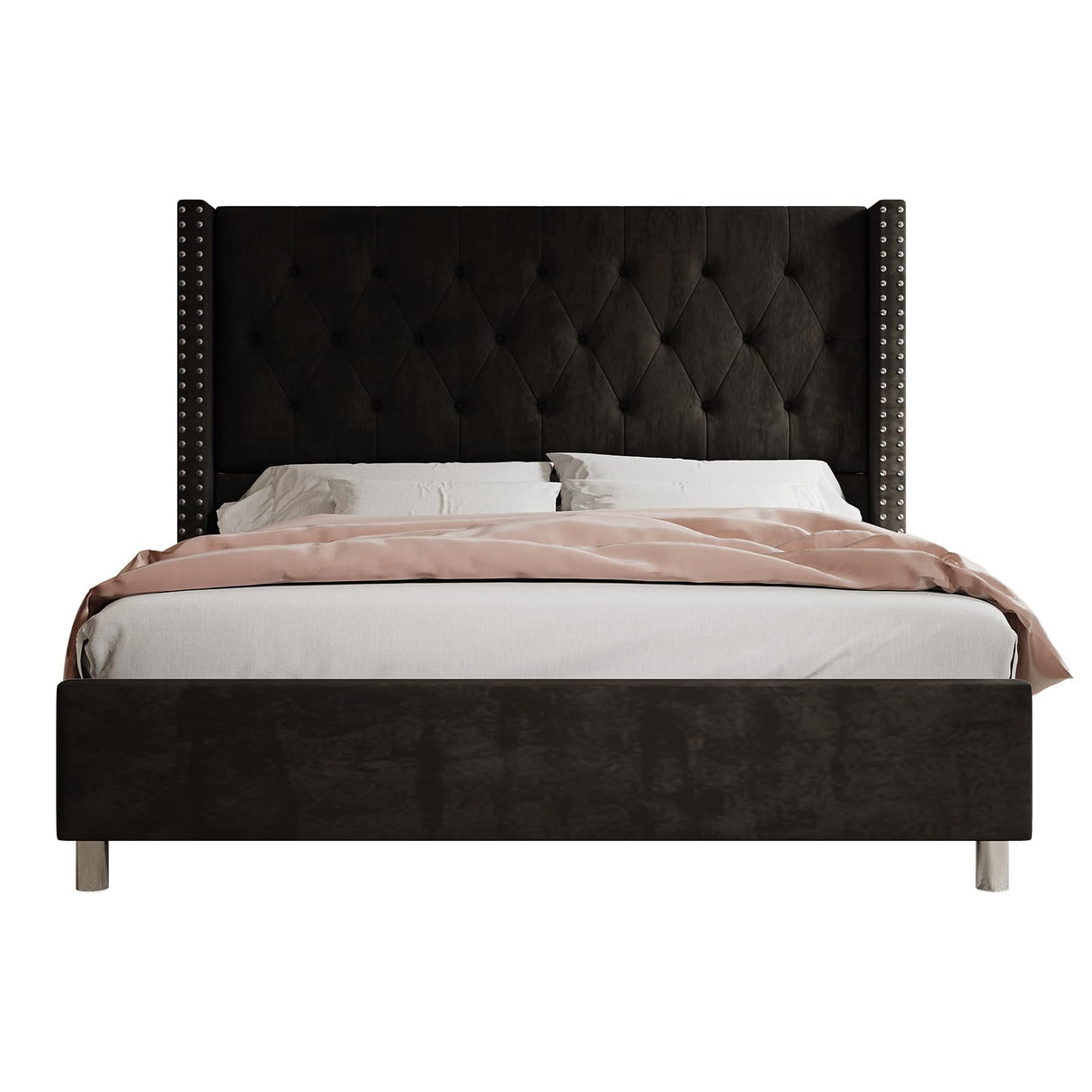 Jocisland Queen Bed Frame Upholstered Bed Wingback Headboard Velvet Tufted Diamond Button/No Box Spring Needed/Easy Assembly/Black Jocisland