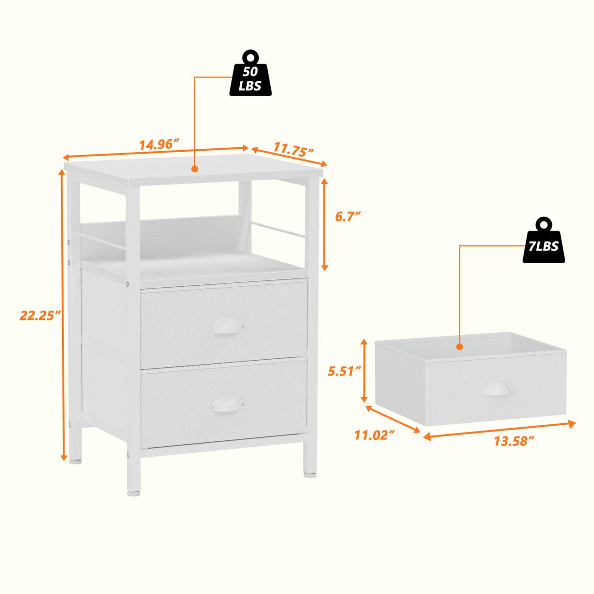 Furologee Nightstand with 2 Fabric Drawers, White Bedside Table, End Table with 2-Tier Shelf, Side Table with Hooks and Wood Top for Bedroom/Living Room/Hallway/White Furologee