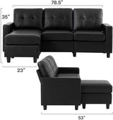 HONBAY Faux Leather Sectional Sofa Convertible L Shape Couch for Small Space, Black HONBAY