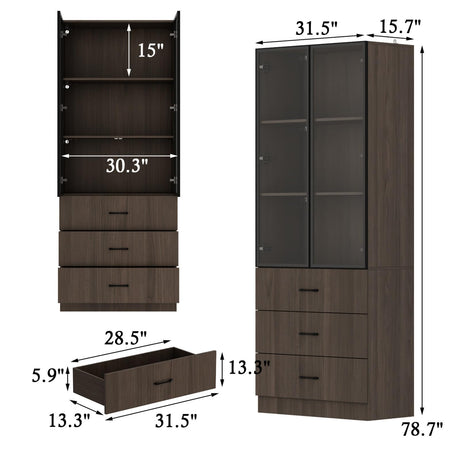 FAMAPY Display Cabinet with Glass Doors & Lights, Display Case with 3-Tier Shelves & 3 Drawers, for Curio Trophy Living Room Home Office, Brown, 15.7”D x 31.5”W x 78.7”H FAMAPY