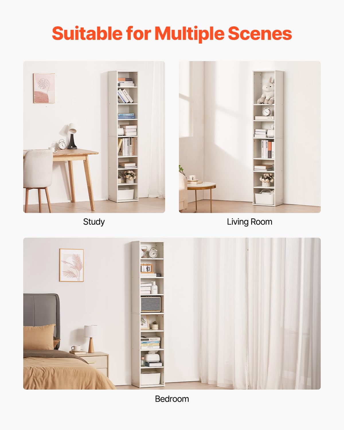 VEVOR 8 Tiers Narrow Bookshelf, 71 in Wooden Tall Open Bookcase with Height-Adjustable Shelf, Freestanding Display Storage Floor Bookcase Bookshelf for Library, Bedroom, Living Room, Office, White VEVOR