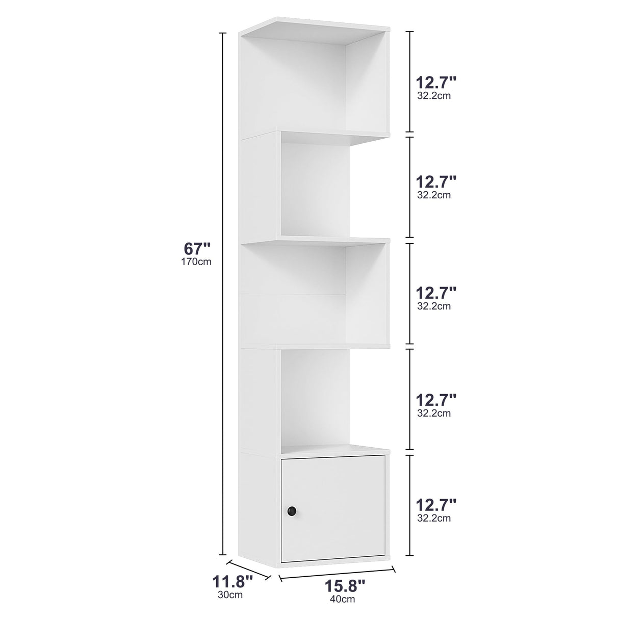 Furnify 5 Tier Bookshelf, 67" Tall S Shaped Bookcase with Door, Modern Open Book Shelf Standing Unit, Room Divider, Freestanding Wood Display Shelf for Living Room, Office, White Furnify