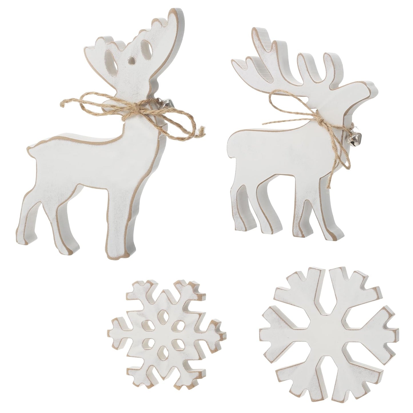 4Pcs Reindeer Snowflake Christmas Wooden Table Decorations Rustic Reindeers Tiered Tray Tabletop Signs Christmas White Snowflake Wooden sign for Christmas Winter Home Table Decor