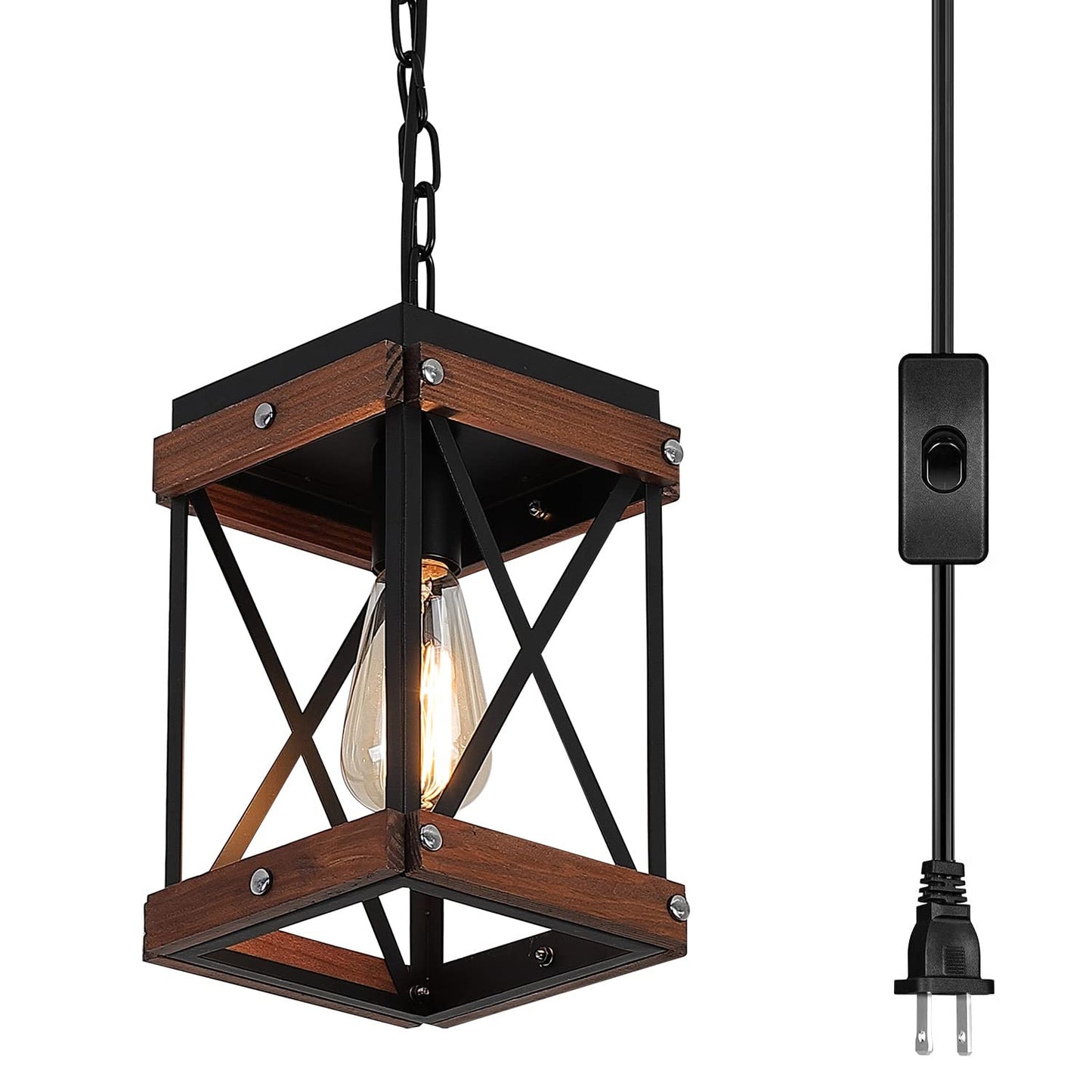 Fivess Lighting Rustic Farmhouse Plug in Pendant Light with 15ft Cord, On/Off Switch, Wood & Metal Cage Adjustable Chains Industrial Mini Hanging Fixture for Kitchen Island Sink Bar Farmhouse - WoodArtSupply