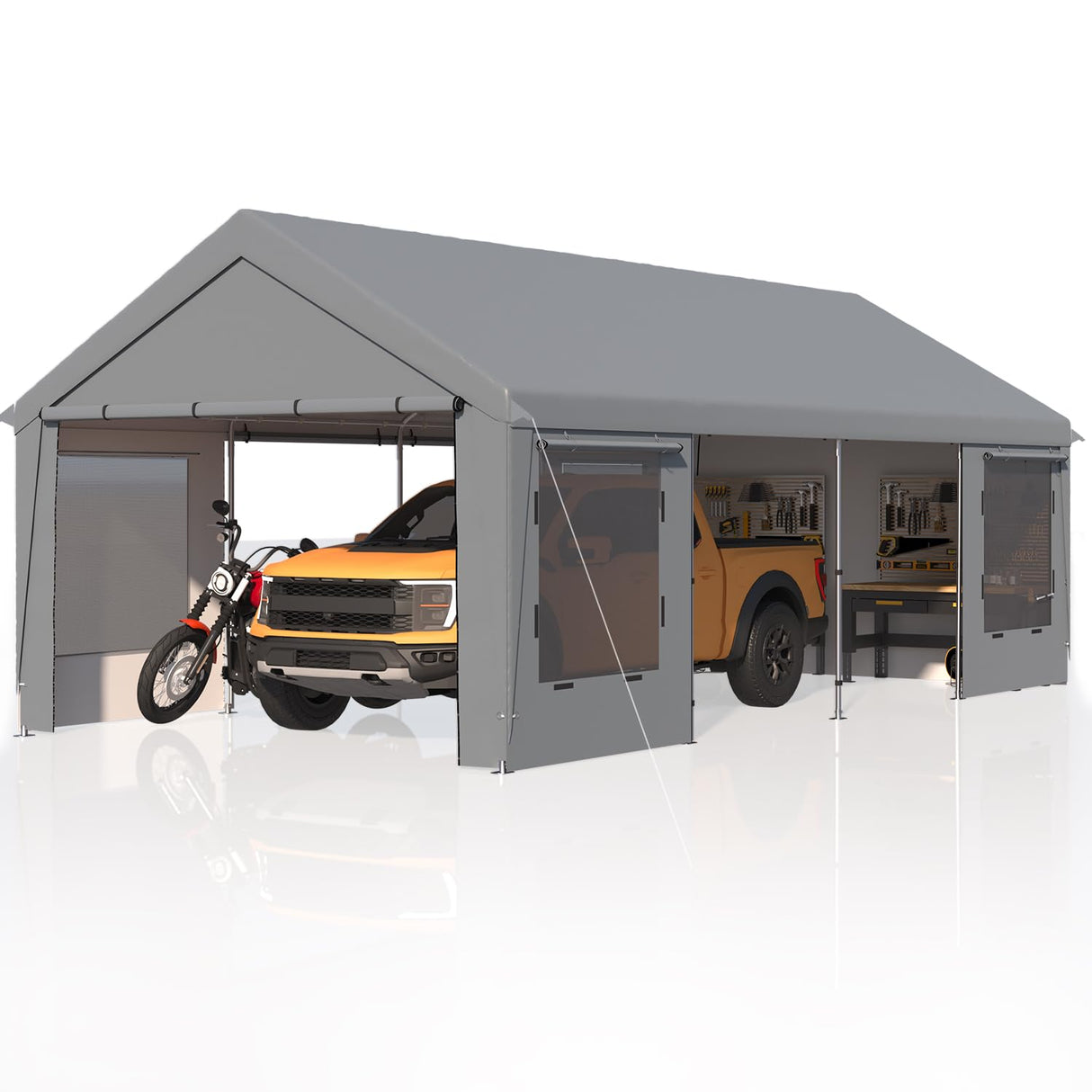 EROMMY 12' x 24' Heavy Duty Carport，Portable Garage with UV Protection & Steel Frame, Car Port with Removable Sidewalls, All-Season Car Canopy for Tractor, Truck, Boat, Outer Gray and Inner White EROMMY