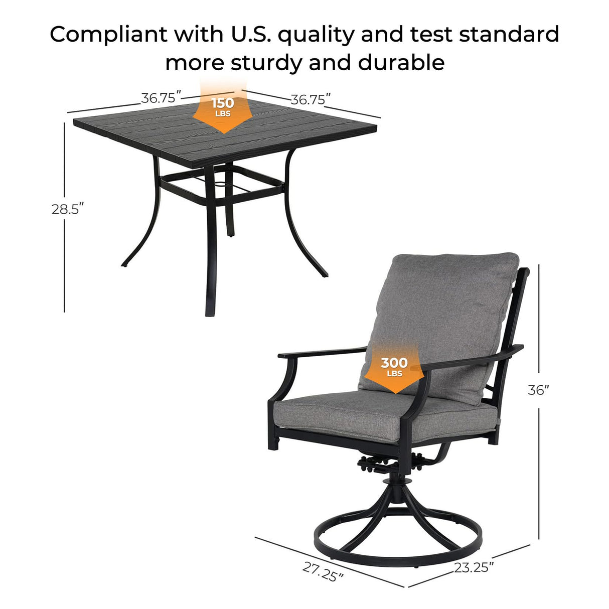 Grand patio 5-Piece Patio Dining Set for 4, E-Coated Outdoor Dining Set Swivel Patio Dining Chairs with Olefin Cushions & 1 Black Square Faux Woodgrain Dining Table with 1.5”Market Umbrella Hole Grand patio