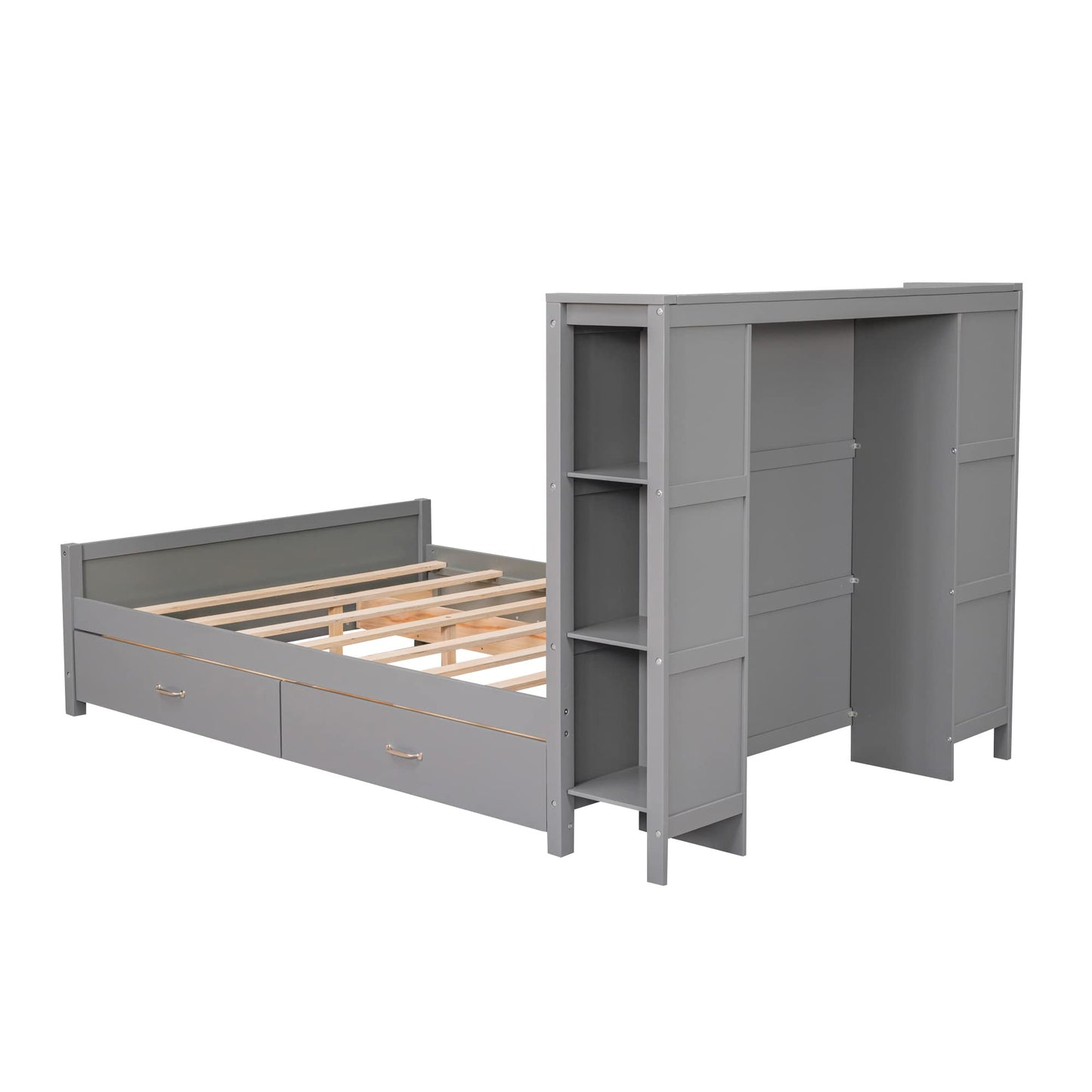 Harper & Bright Designs Full Size Bed with Bookcase Headboard and 4 Storage Drawers in Gray - WoodArtSupply