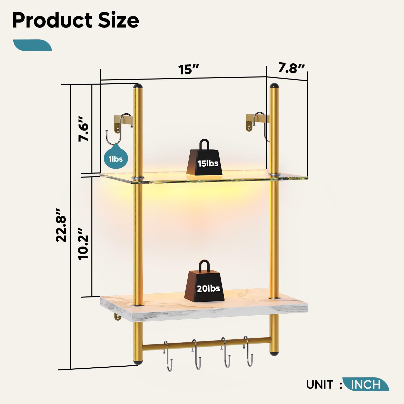 Bestier LED Floating Shelves for Wall, 15" Kitchen Shelves Wall Mounted 2 Tier Shelf with Tower Bar ＆ 6 S-Hooks, Pipe Hanging Shelves Wall Decor for Bathroom Bedroom, White Marble - WoodArtSupply