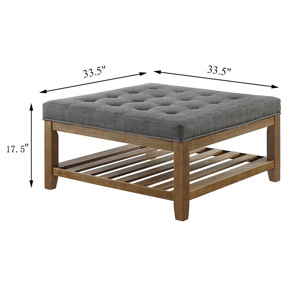 24KF Large Square Upholstered Tufted Linen Ottoman Coffee Table, Large Footrest Ottoman with Solid Wood Shelf-Granite 24KF