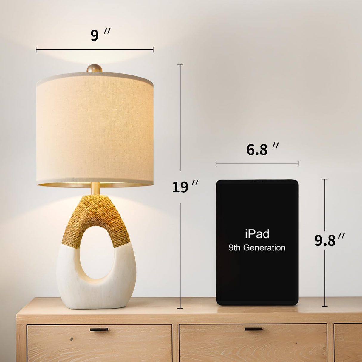 OYEARS 19” Boho Table Lamps Bedroom Living Room,Suitable for Small Space,Farmhouse Rattan Lamp Rustic Egg Design Resin Nightstand Bedside Lamps for Bedroom Living Room Office Study Rest Decor OYEARS