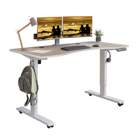 Jceet Adjustable Height Electric Standing Desk - 55 x 30 Inch Sit Stand Computer Desk with Splice Board, Stand Up Desk Table for Home Office, White Frame/Oak Top(with Radian) Jceet