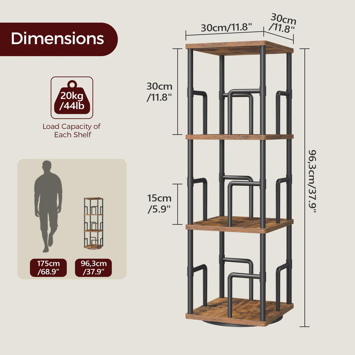 MAHANCRIS 3-Tier Rotating Bookshelf, Freestanding Corner Bookshelf, 360° Spinning Bookcase, Industrial Style Storage Rack with Rails, for Living Room, Bedroom, Study, Rustic Brown and Black BKHR1401 MAHANCRIS