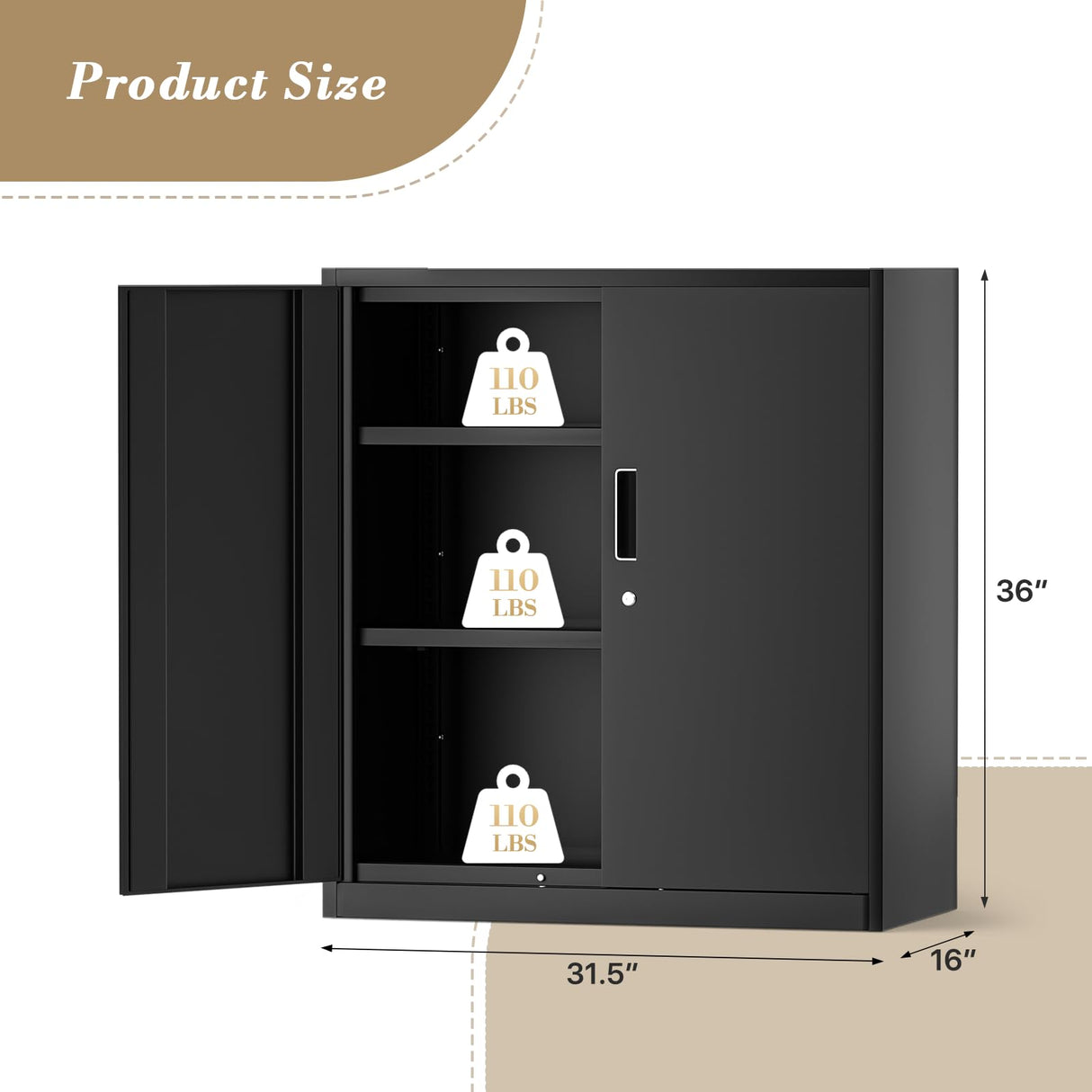 Athena Collection Metal Storage Cabinet with Doors and Shelves, 36" Garage Storage Cabinet with Lock for File, Home, Office, School, Garage, Black Athena Collection