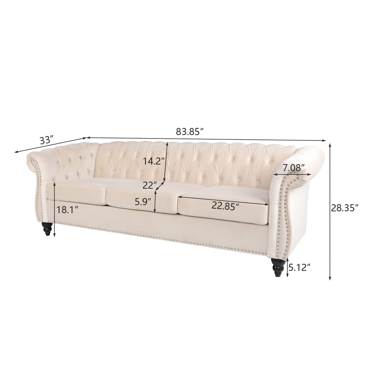 PHOYAL Large Velvet Sofa Three-seat Sofa Classic Tufted Chesterfield Settee Sofa Modern 3 Seater Couch Furniture Tufted Back for Living Room (Beige) PHOYAL