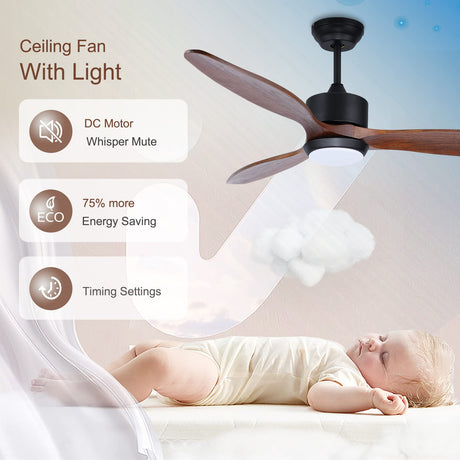 Ovlaim 52 Inch Solid Walnut Wood Ceiling Fans with Lights Remote Control, 3 Blade Propeller Smart Ceiling Fan for Bedroom Living Room Indoor Outdoor, ETL Listed High CFM Quiet DC Motor Ovlaim