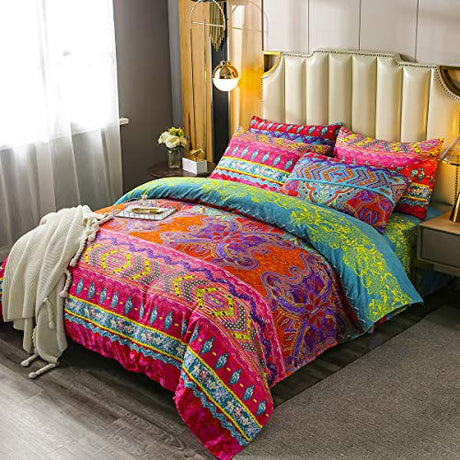 Erosebridal Bohemian Duvet Cover Sets 3 Pieces Exotic Style Bedding Coverset Boho Bedding Set Fade Resistant Bedspread Set Printing Microfiber Comforter Cover Pattern 1 Full Size Erosebridal