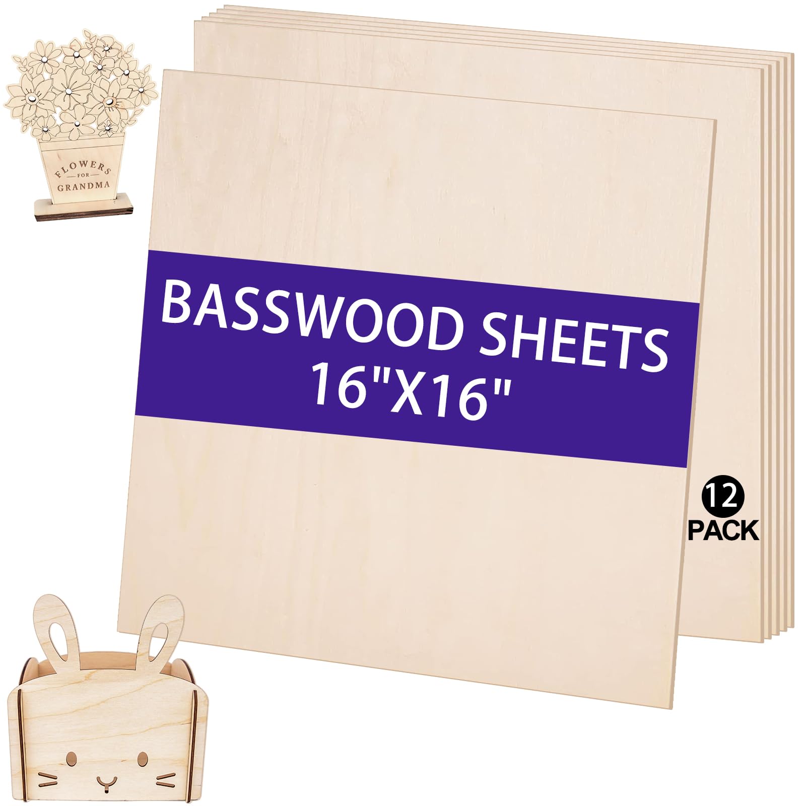 12 Pack Basswood Sheets for Crafts, 16 x 16 Inch, 3mm Thick Plywood Sheets with Smooth Surfaces, Unfinished Squares Wood Boards for Laser Cutting, Wood Burning, Architectural Models, Staining - WoodArtSupply