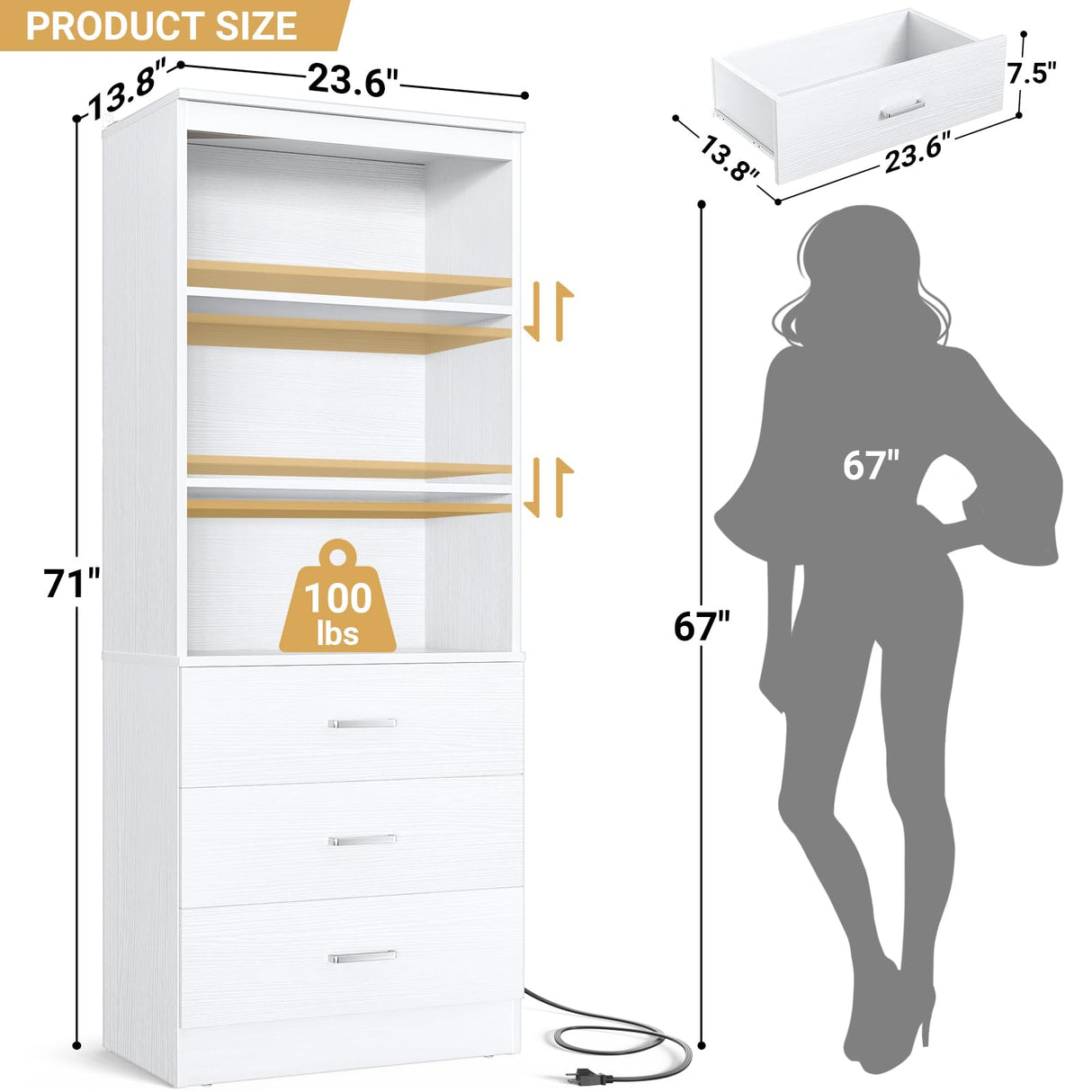 Aheaplus 71 Inches Bookshelf with Drawers, Wooden Bookcase with Open Shelves, 6-Tier Tall Storage Cabinet Book Shelf Storage Organizer for Living Room, Home Office, White (No Charge Station) Aheaplus