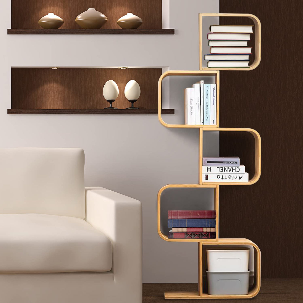 5-Tier S-Shaped Geometric Modern Bamboo Bookshelf, Large Capacity Creative Display Curved Rack Free-Standing Bedside Table 2 in 1 Bookcase Storage CDs, DVDs Book Shelf for Home, Office, Living Room briteman