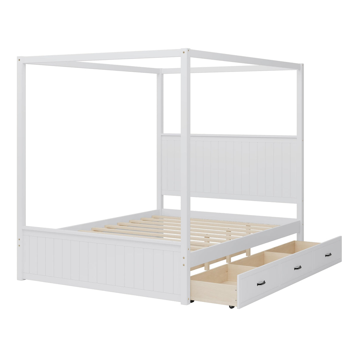 JIJIWANG Queen Size Canopy Platform Bed with Drawers and Trundle for Saving Space Solid Wood Bed Frame with 4 Poster and Headboard, White JIJIWANG