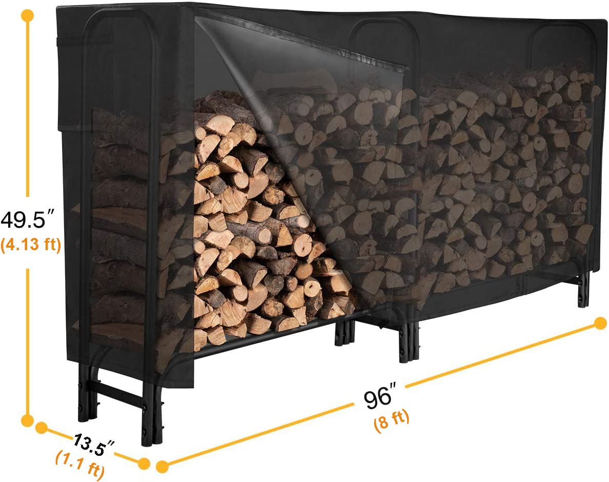 GASPRO 8FT Firewood Rack Outdoor with Cover, Adds Sturdy Middle Upright, Heavy Duty Steel Log Rack Wood Holder, Easy to Assemble - WoodArtSupply