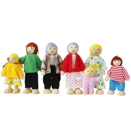 Wooden Doll House Family, 7 Miniature Figures - Dress-Up Characters: Grandpa, Grandma, Mom, Dad, Boy, Girl Yeooyoor
