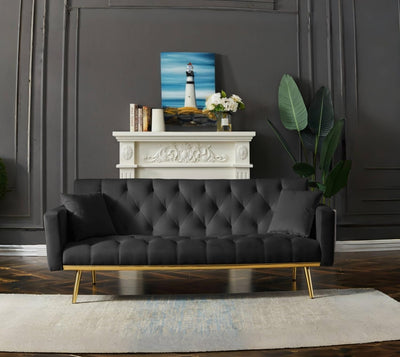 73" Modern Velvet Sofa Bed Futon,Convertible Sleeper Sofa Couch with 3 Angle Adjustable Backrest, Modern Loveseat with 4 Golden Metal Legs for Living Room and Bedroom (Black)