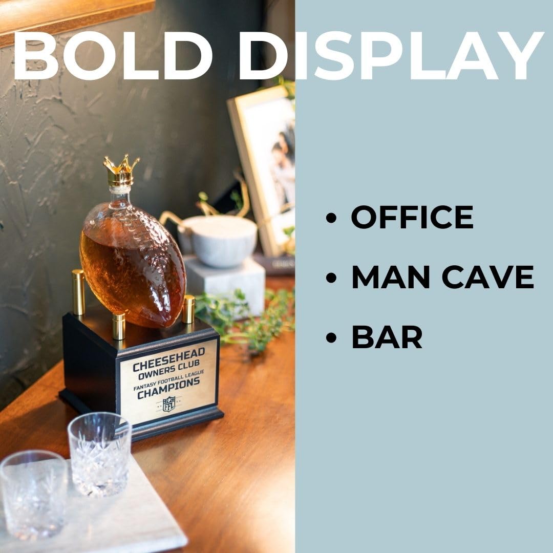 Whiskey Decanter Fantasy Football League Trophy - Customizable FFL Champion Award with Personalized Winner Name Plates - Gold Crown Stopper (Pressed Wood) Alpha Awards
