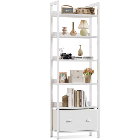Furologee White 6 Tier Bookshelf with Drawers, Tall 71" Bookcase with Shelves, Modern Wood and Metal Bookshelves Storage Organizer, Display Free Standing Shelf Unit for Bedroom, Living Room, Office Furologee