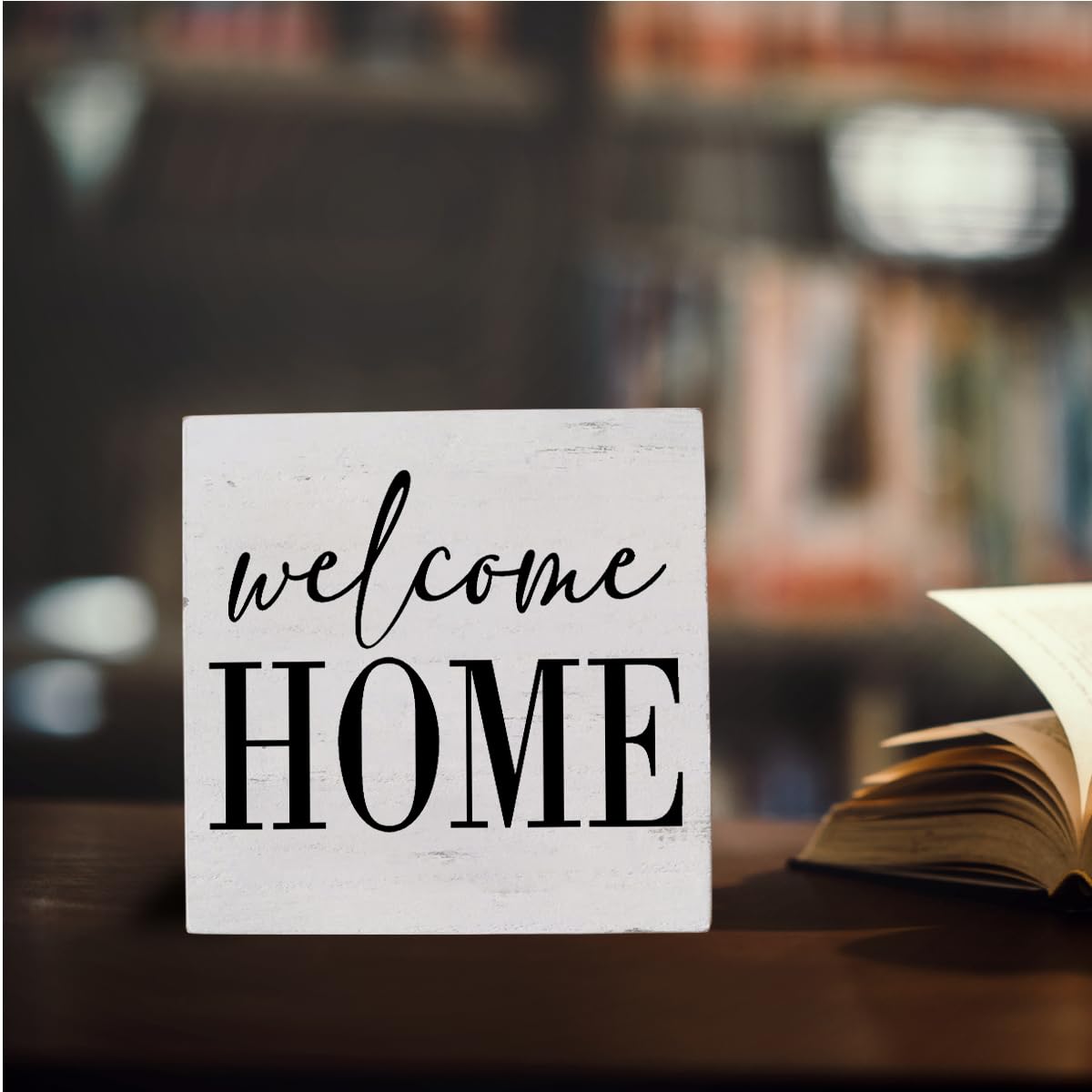 Welcome Home Sign Home Decor Desk Decor Wooden Box Sign Rustic Black Wood White Plaque Box Sign for Women Family Friends Farmhouse Living Room Kitchen Bedroom Shelf Table Decoration - WoodArtSupply