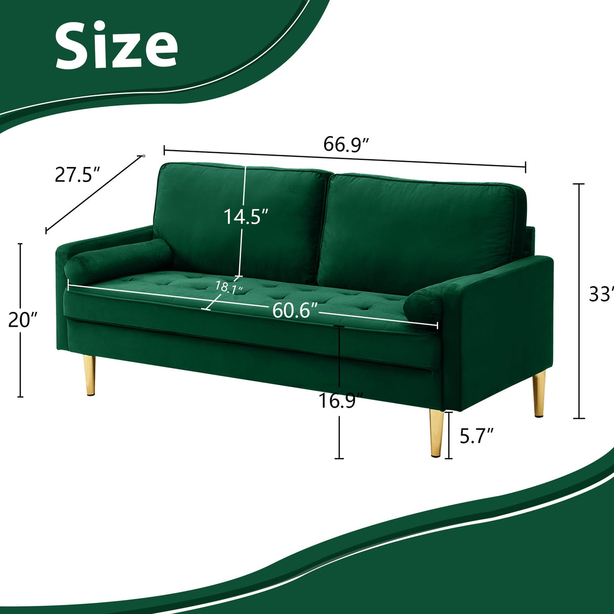 Hdxdkog Velvet Loveseat Sofa,Mid Century Modern Small Love Seats Furniture Comfy Couch for Living Room, Upholstered 2 Seater Sofa for Small Apartment (Green, 66.9 Inch) Hdxdkog
