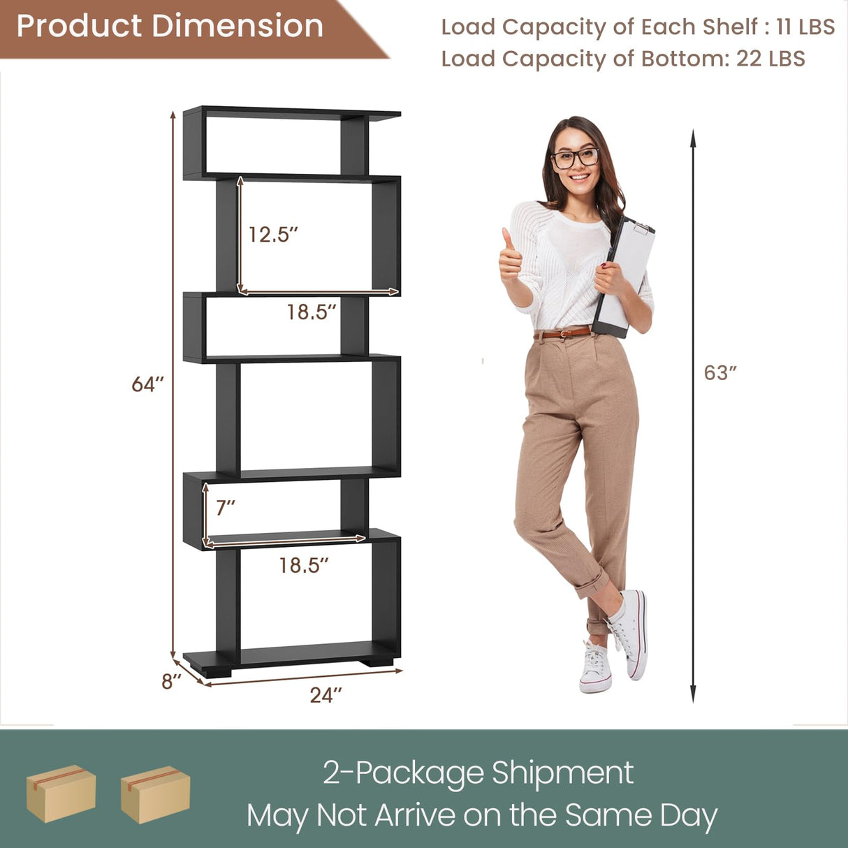 SILKYDRY 6 Tier S Shaped Bookshelf, Wood Geometric Bookcase, Modern Room Divider and Display Shelf, 64" Tall Staggered Bookshelf for Bedroom Living Room Office Study (2, Black) SILKYDRY