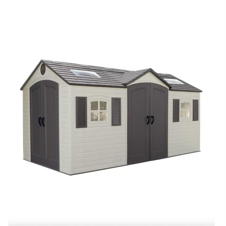 Hhaoran-9863 Garden Sheds Tool Storage Shed Dual Entry Plastic Metal Storage Shed with Double Doors, Double Windows, Corner Shelves Outdoor Storage Sheds Hhaoran-9863