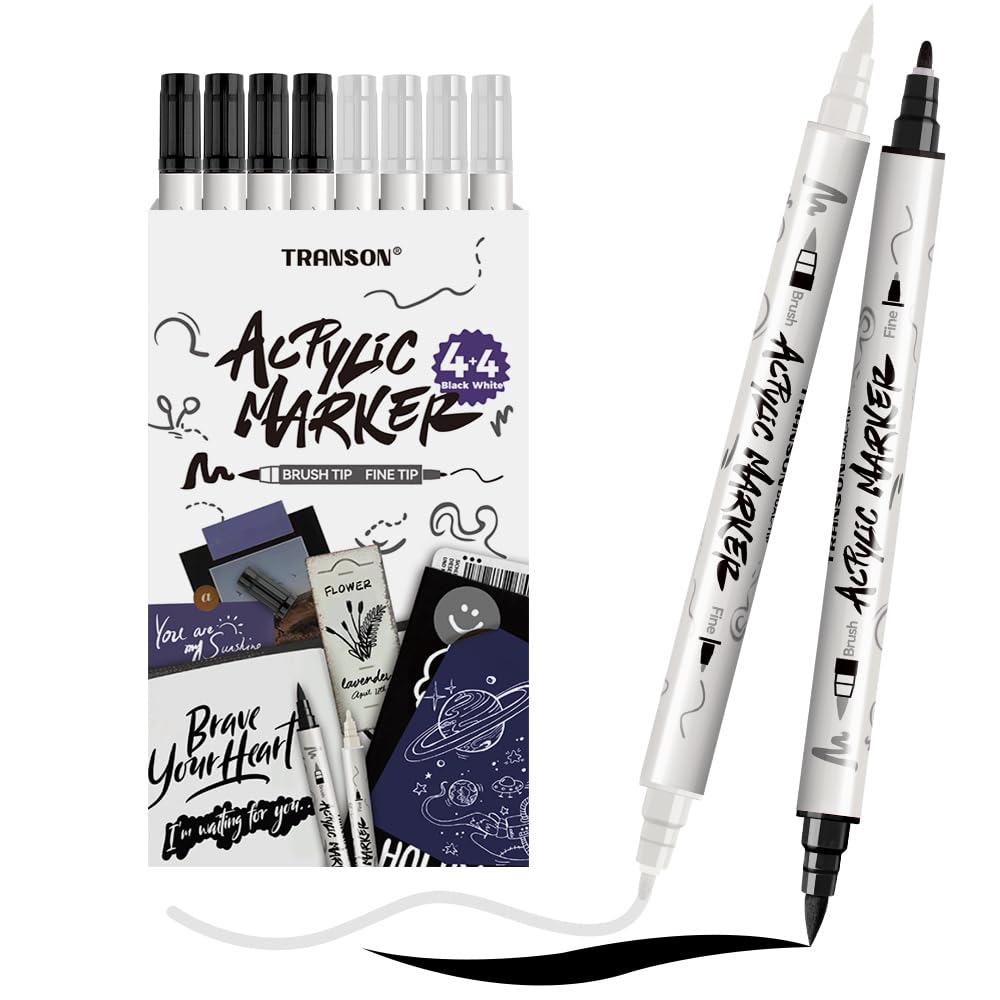 TRANSON 4 Black and 4 White Paint Pens Brush and Fine Dual-tip Acrylic Paint Marker Set for Rock Painting Glass Canvas Wood Leather Ceramic Painting TRANSON