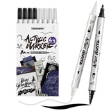 TRANSON 4 Black and 4 White Paint Pens Brush and Fine Dual-tip Acrylic Paint Marker Set for Rock Painting Glass Canvas Wood Leather Ceramic Painting TRANSON