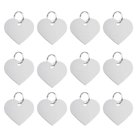 PATIKIL Aluminum Stamping Blanks 1.3 x 1.5 Inch, 12Pcs Heart Shape Metal Engraving Blank Discs Sublimation ID Name Tags Dog Tag with Key Rings for DIY Craft Engraving, Silver Tone