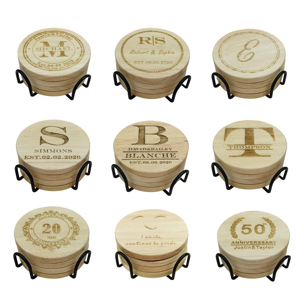 Personalized Coasters, Custom Engraved Coasters, Wooden Coasters for Drinks, Monogram Coasters, Great Gifts for Relatives, Friends or Yourself (T, Set of 4) Mojia