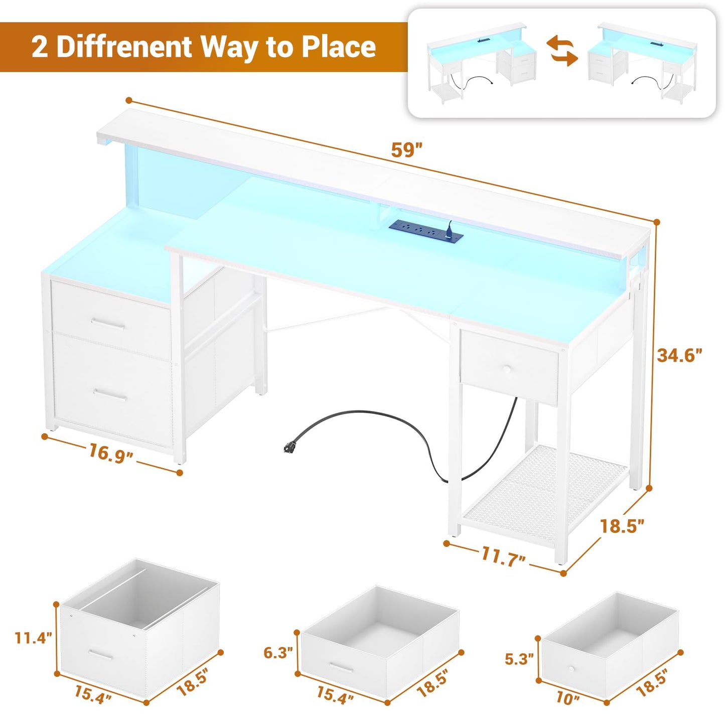 Aheaplus Computer Desk with 3 Drawers, Home Office Desk with File Drawer & Power Outlet, 59'' Gaming Desk with Led Lights, Long Work Desk with Storage Shelves, Printer Cabinet and Monitor Shelf, White