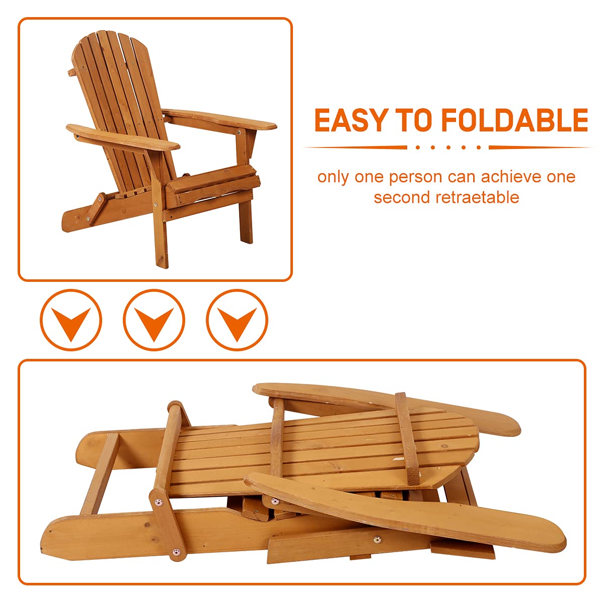 Adirondack Chair Weather Resistant Patio Chairs Folding Outdoor Chair w/Long Arms Solid Wooden Heavy Duty Reclining Fire Pit Chair for Deck, Lawn, Backyard, Garden - Natural Dkelincs