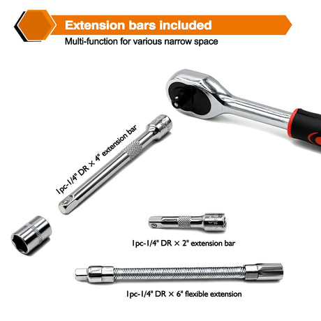 Egofine 46 Pieces 1/4 inch Drive Socket Ratchet Wrench Set, with Bit Socket Set Metric and Extension Bar for Auto Repairing and Household, with Storage Case Egofine