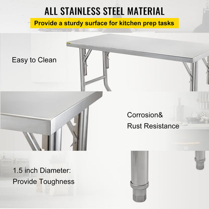 VEVOR Commercial Worktable Workstation 48 x 24 Inch Folding Commercial Prep Table, Heavy-duty Stainless Steel Folding Table with 661 lbs Load, Kitchen Work Table, Silver Stainless Steel Kitch - WoodArtSupply