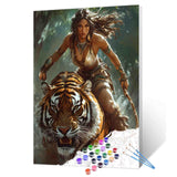Tucocoo Beautiful Jungle Tiger Rider Paint by Number Barbarian Woman in Forest Tribal Armor Native American Woman Warrior Number Painting On Canvas for Home Wall Decor 16''W X 20''H (Without Framed) Tucocoo