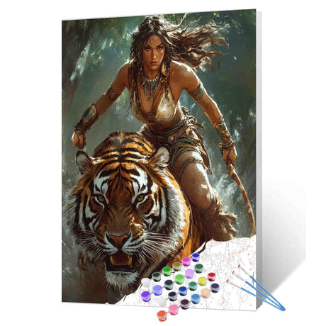 Tucocoo Beautiful Jungle Tiger Rider Paint by Number Barbarian Woman in Forest Tribal Armor Native American Woman Warrior Number Painting On Canvas for Home Wall Decor 16''W X 20''H (Without Framed) Tucocoo