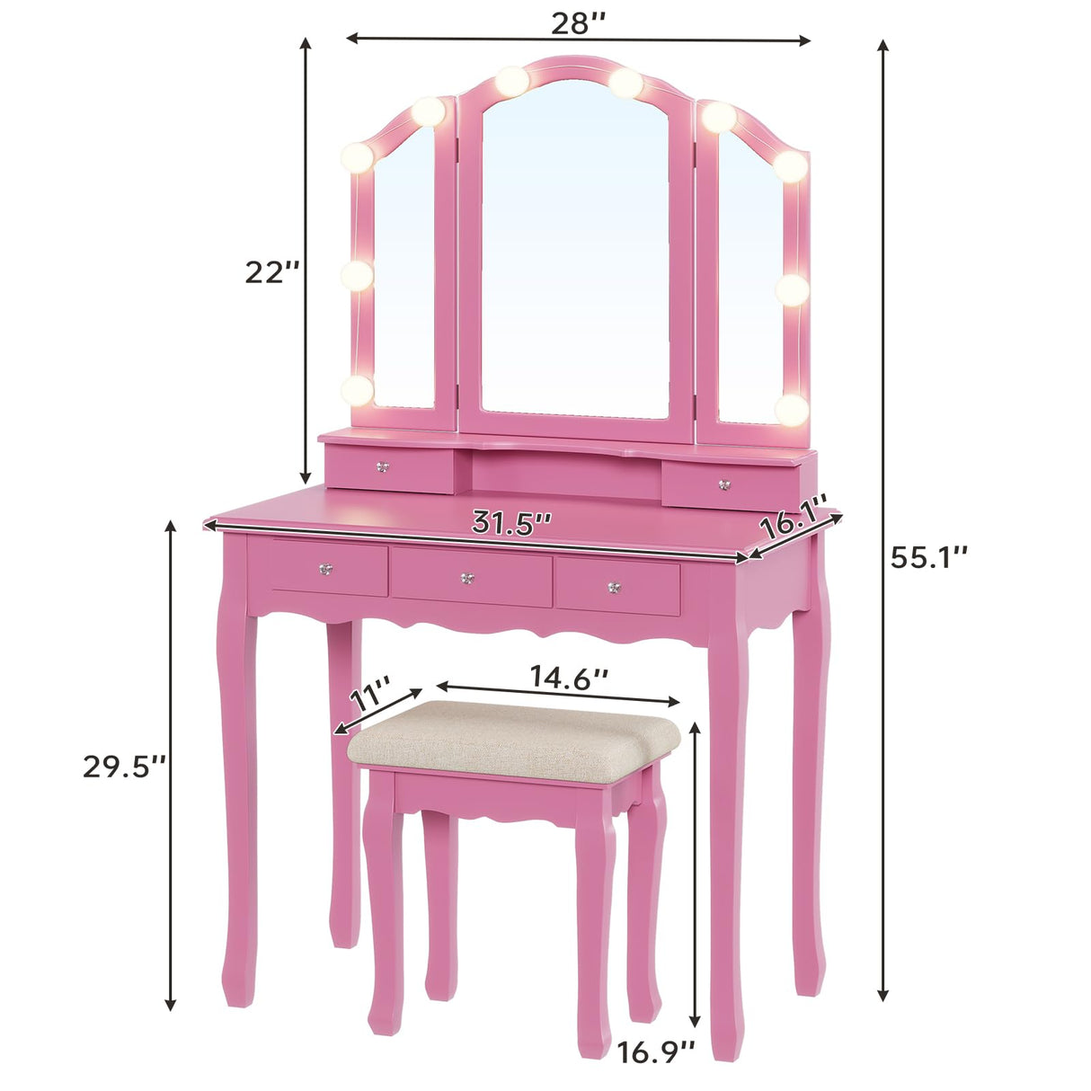 Tiptiper Vanity Desk with Tri-Fold Mirror and Lights, Makeup Vanity with Wood Upholstered Stool, Vanity Table with 5 Drawers & 8 Jewelry Hooks, Small Vanity, Pink Tiptiper